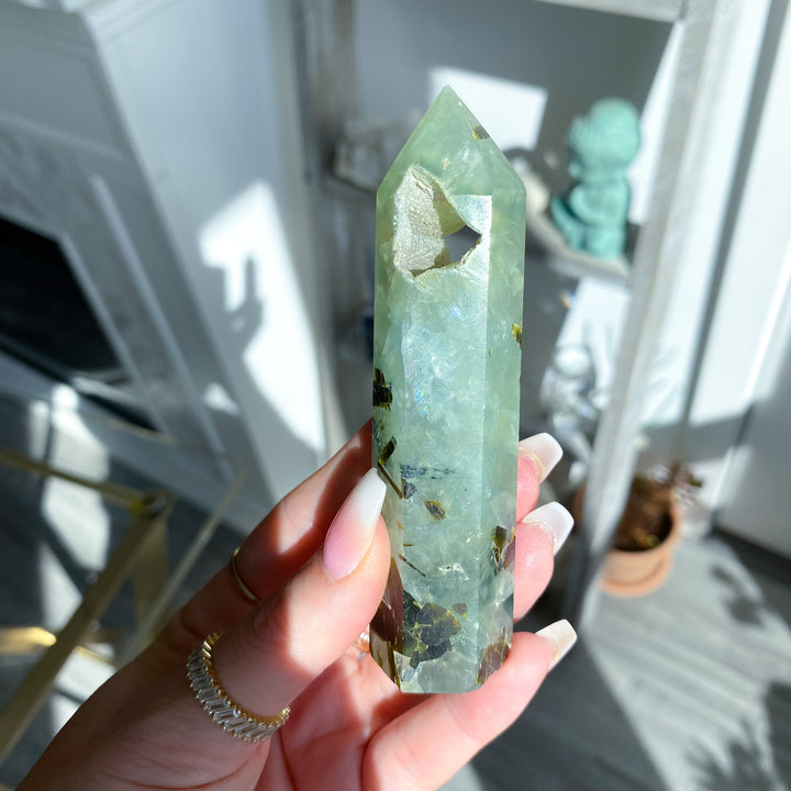 Prehnite with Epidote Portal Tower with Rainbows 