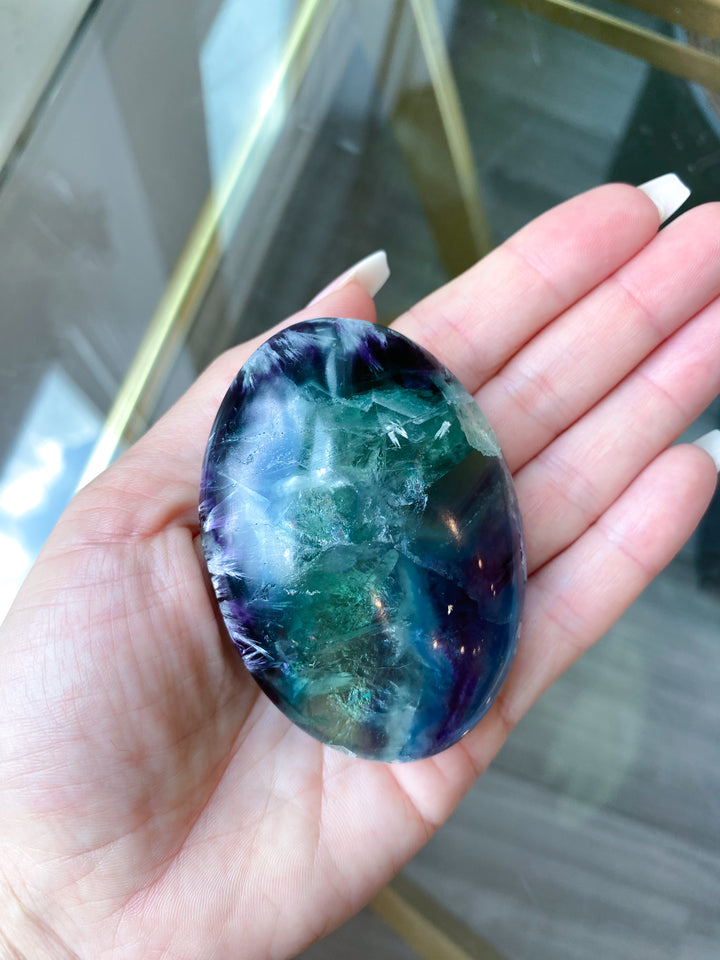 Beautiful Rainbow Fluorite Palm #1 - Feathered, Blue