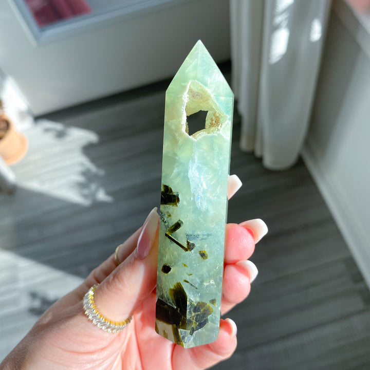 Prehnite with Epidote Portal Tower with Rainbows 