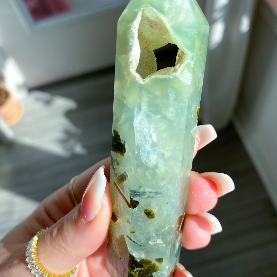 Prehnite with Epidote Portal Tower with Rainbows 
