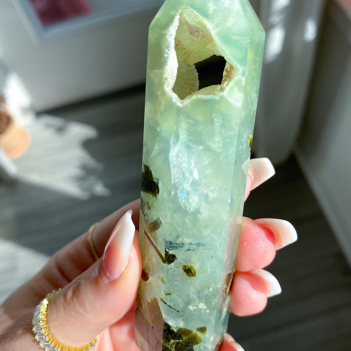 Prehnite with Epidote Portal Tower with Rainbows 