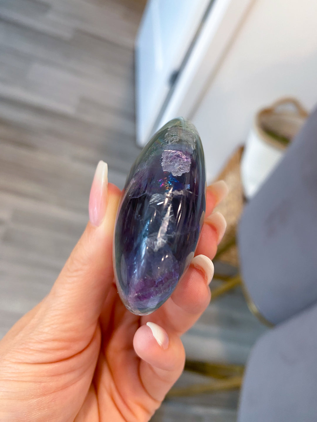 Beautiful Rainbow Fluorite Palm #1 - Feathered, Blue