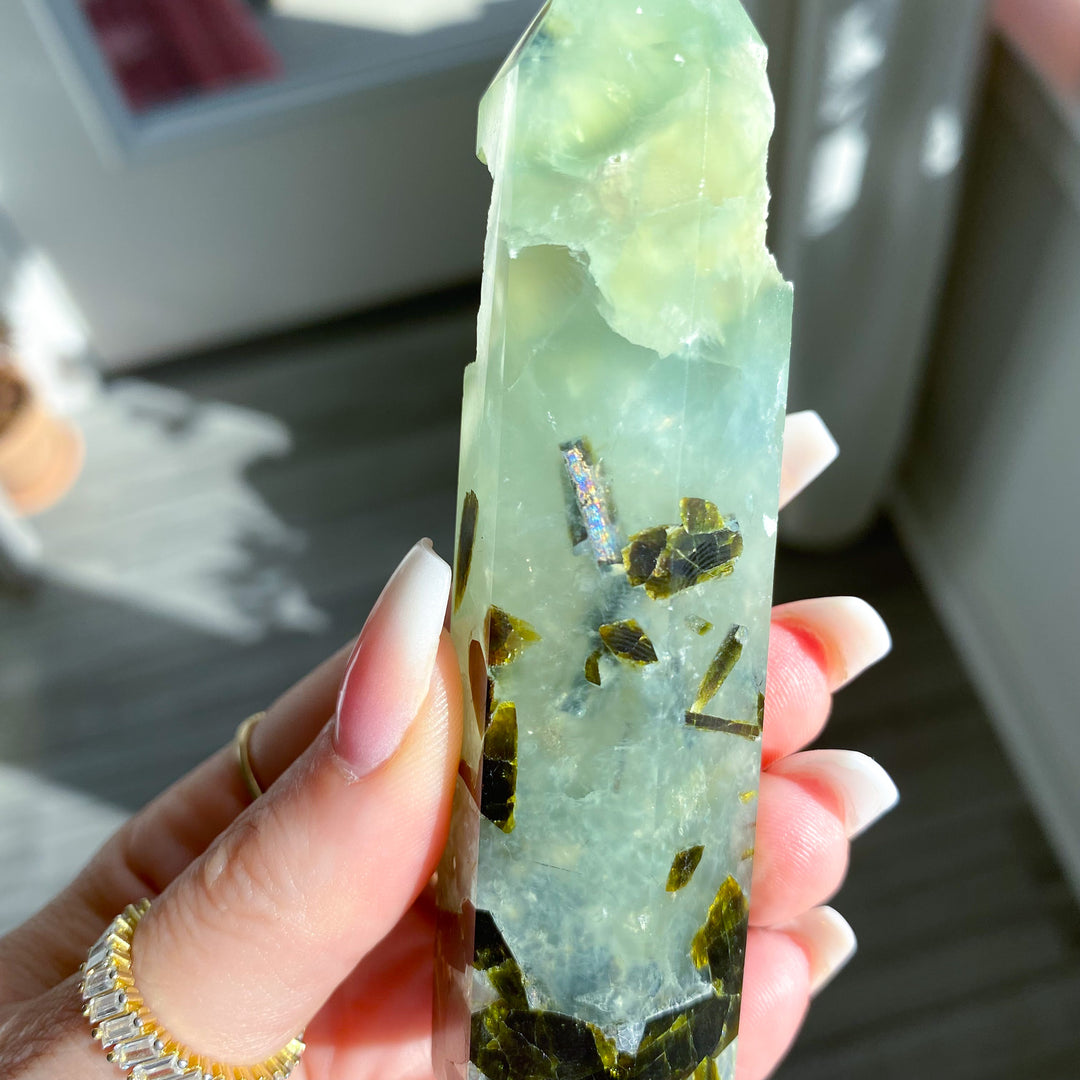 Prehnite with Epidote Portal Tower with Rainbows 