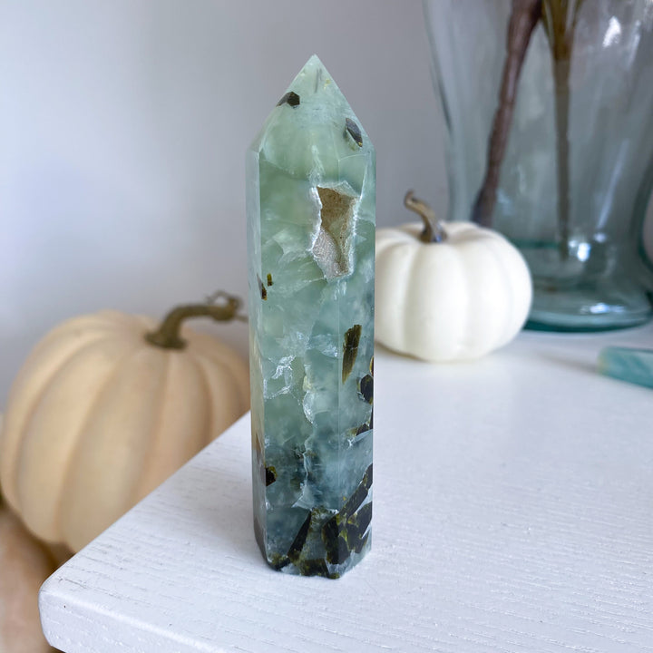 Prehnite with Epidote Portal Tower with Rainbows 