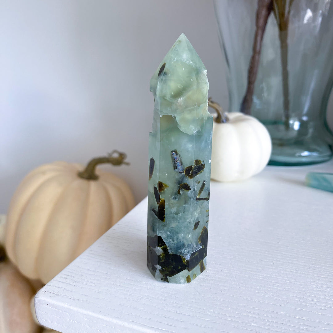 Prehnite with Epidote Portal Tower with Rainbows 