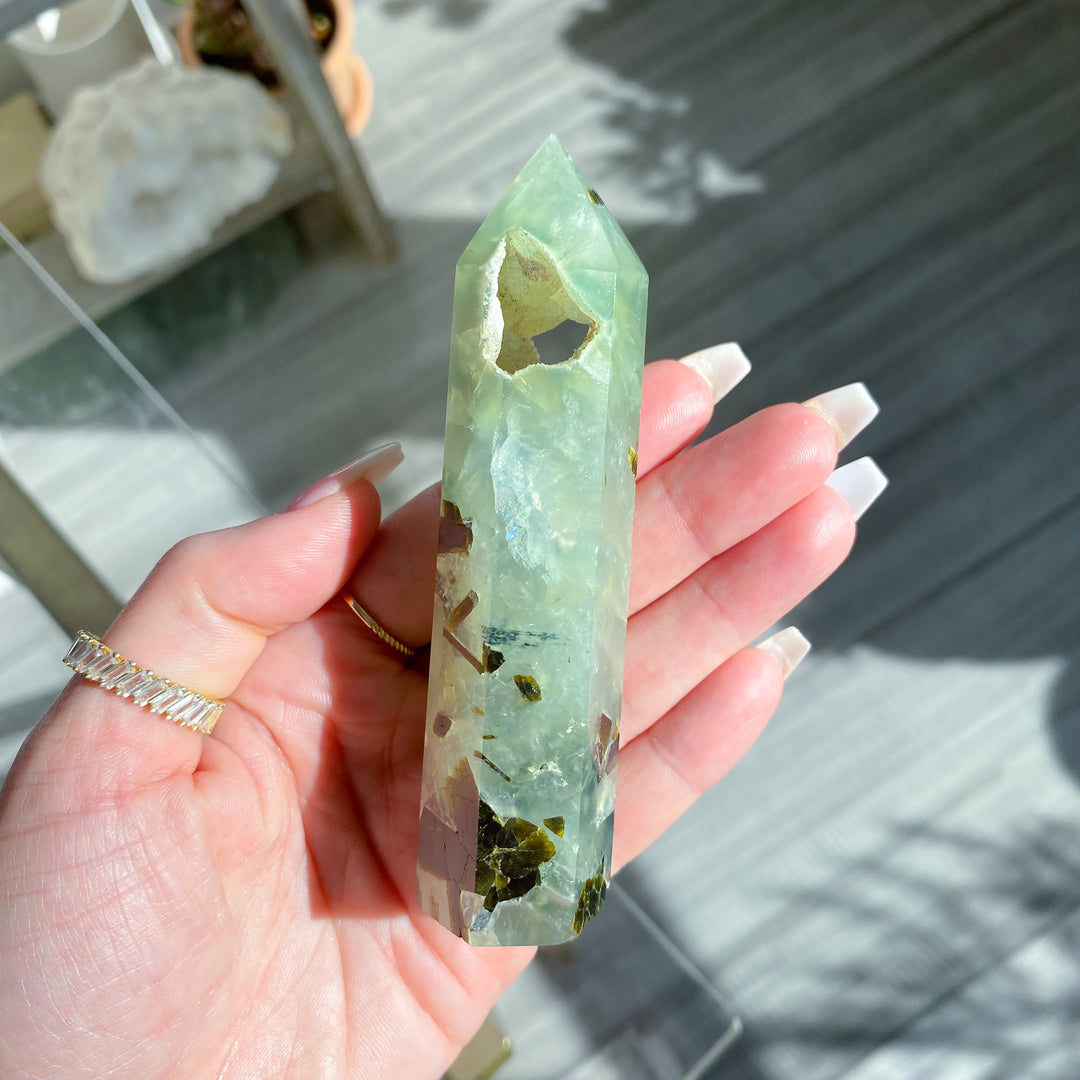 Prehnite with Epidote Portal Tower with Rainbows 