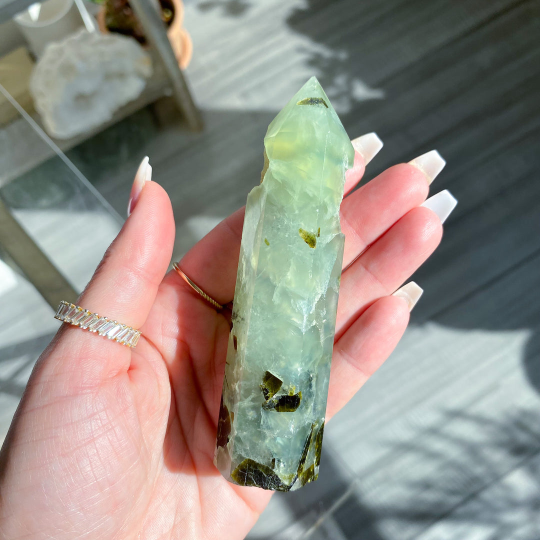 Prehnite with Epidote Portal Tower with Rainbows 