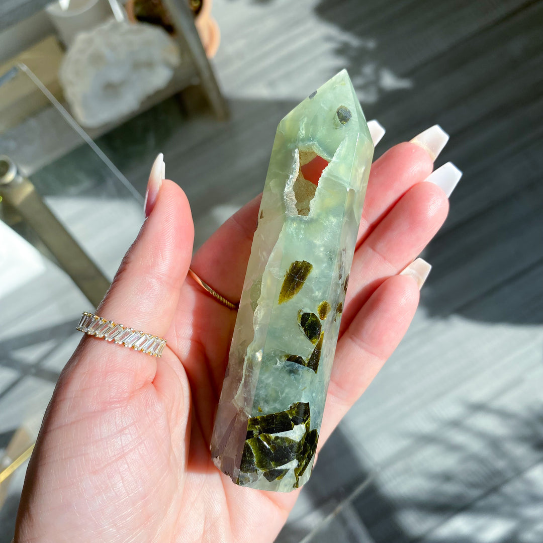 Prehnite with Epidote Portal Tower with Rainbows 