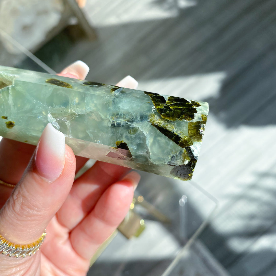 Prehnite with Epidote Portal Tower with Rainbows 