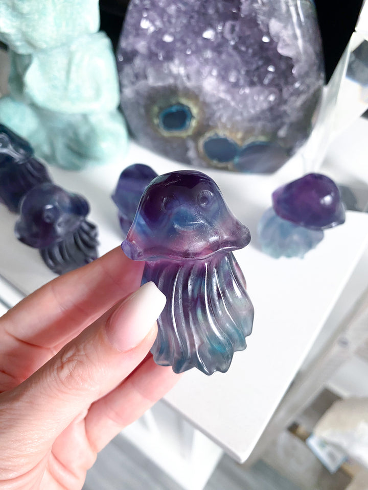 Rainbow Fluorite Jellyfish Carving - Imperfect