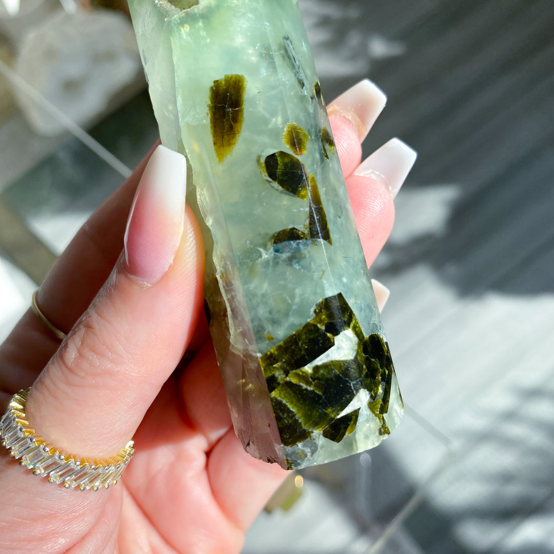 Prehnite with Epidote Portal Tower with Rainbows 