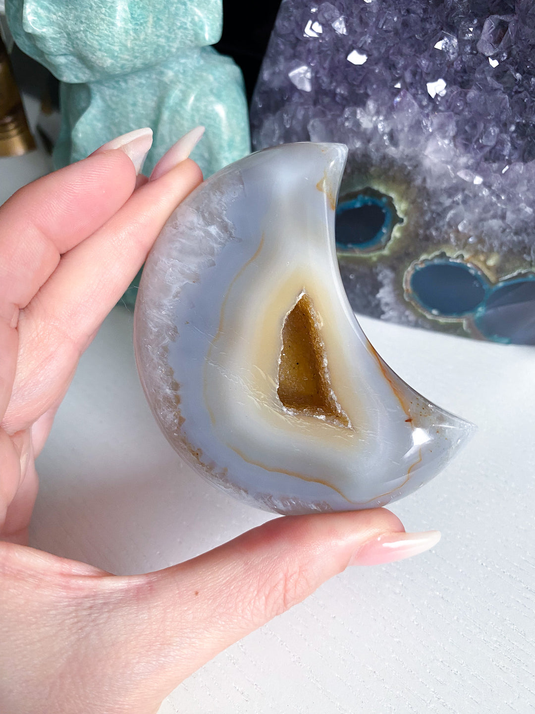 Druzy Grey and Peach Agate Moon - Get Exact Item