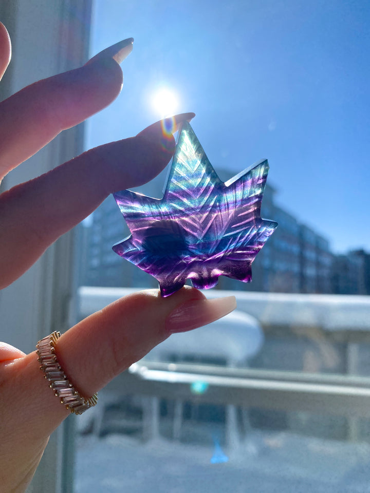 Rainbow Fluorite Cannabis Leaf Carving
