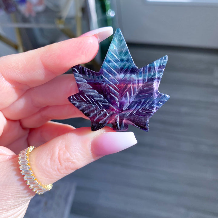Rainbow Fluorite Cannabis Leaf Carving