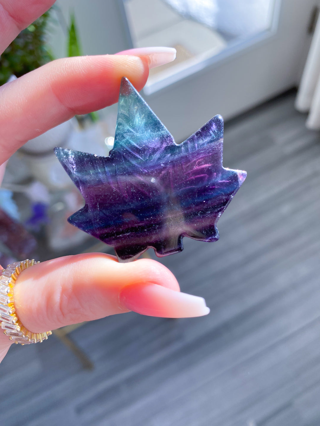 Rainbow Fluorite Cannabis Leaf Carving