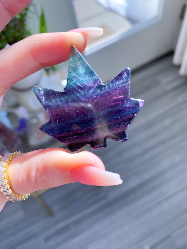 Rainbow Fluorite Cannabis Leaf Carving