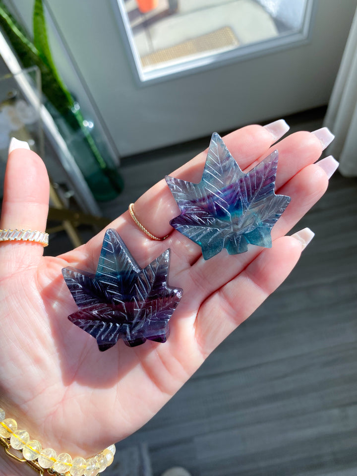 Rainbow Fluorite Cannabis Leaf Carving