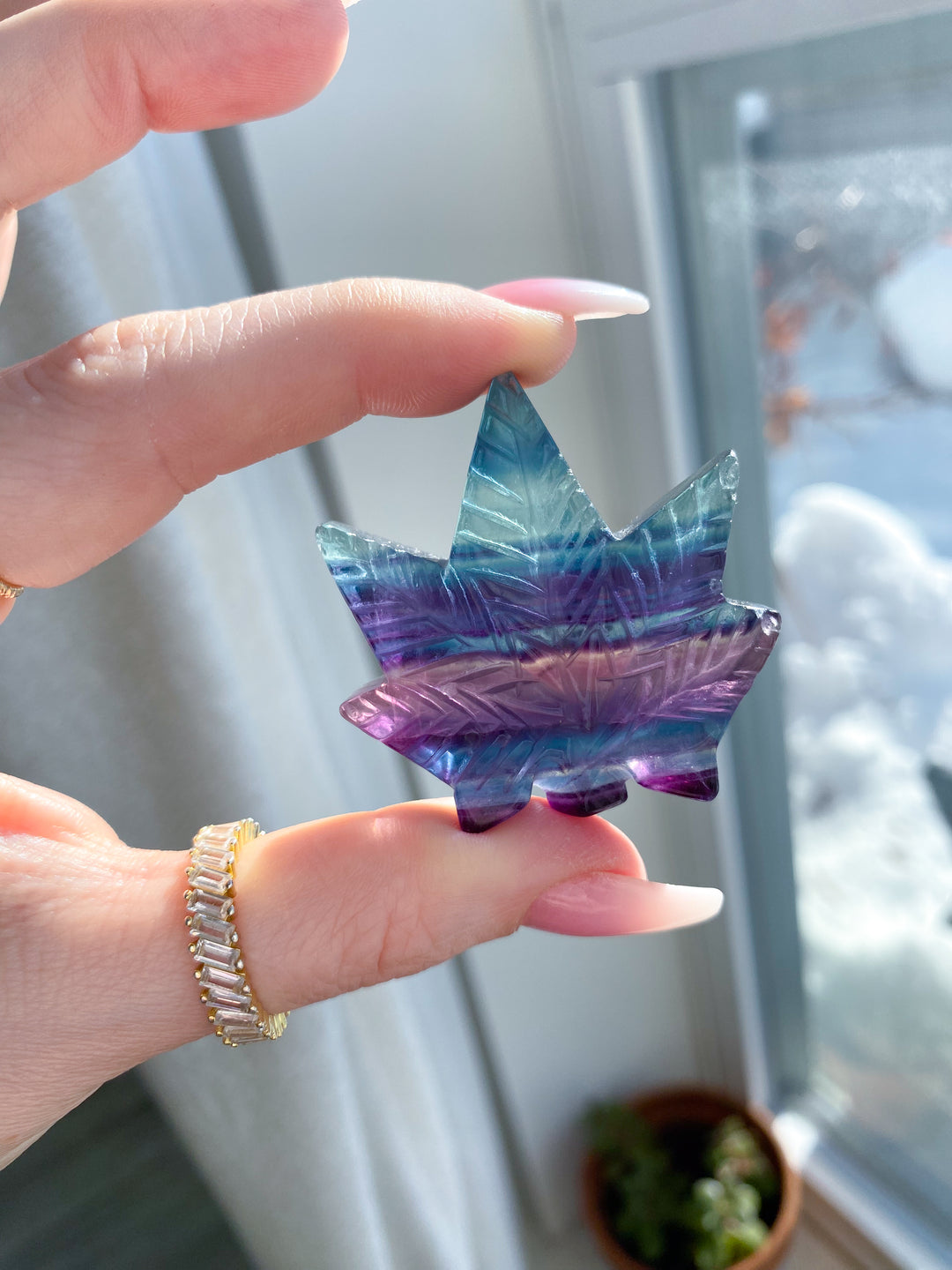 Rainbow Fluorite Cannabis Leaf Carving
