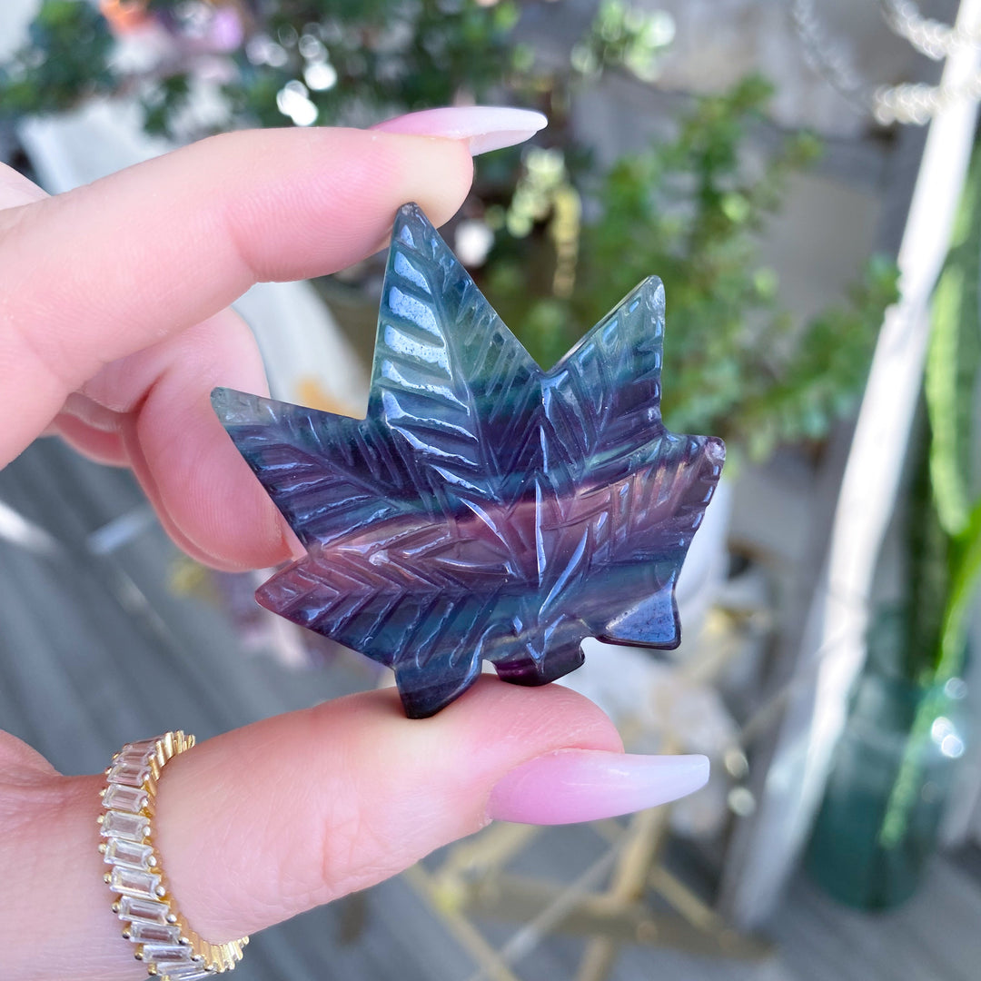 Rainbow Fluorite Cannabis Leaf Carving
