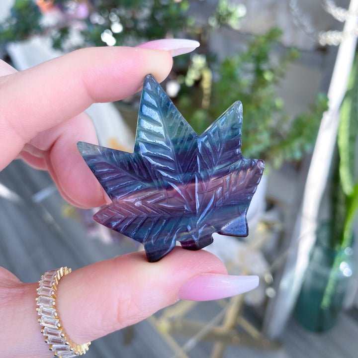 Rainbow Fluorite Cannabis Leaf Carving