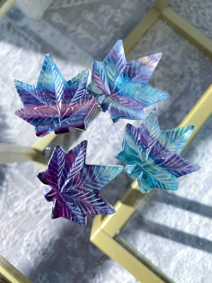 Rainbow Fluorite Cannabis Leaf Carving