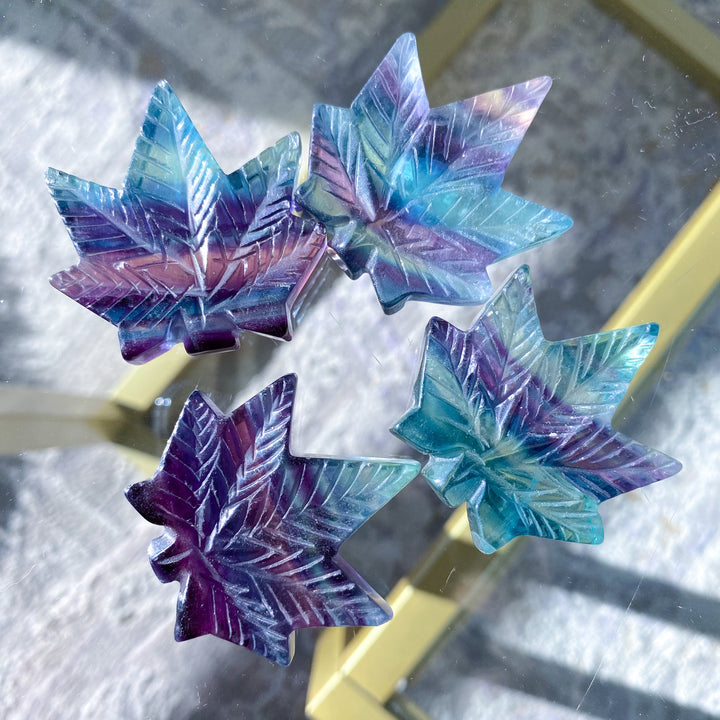 Rainbow Fluorite Cannabis Leaf Carving