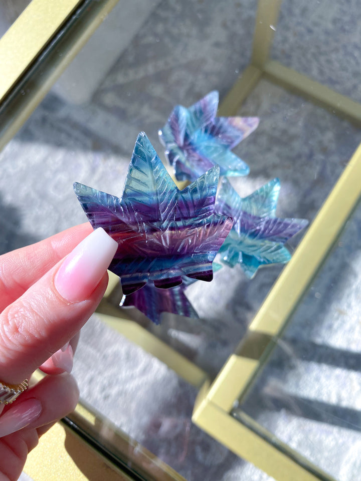 Rainbow Fluorite Cannabis Leaf Carving