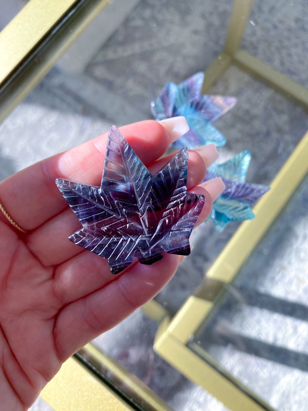 Rainbow Fluorite Cannabis Leaf Carving