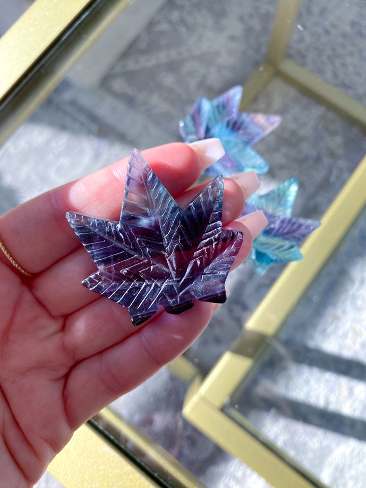 Rainbow Fluorite Cannabis Leaf Carving