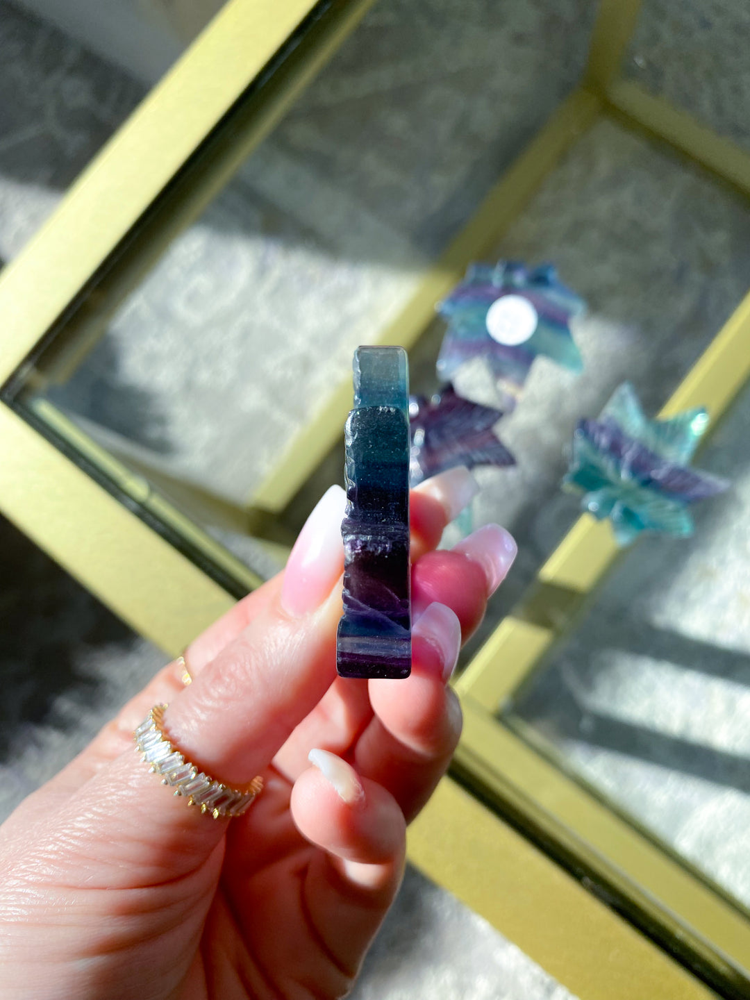 Rainbow Fluorite Cannabis Leaf Carving