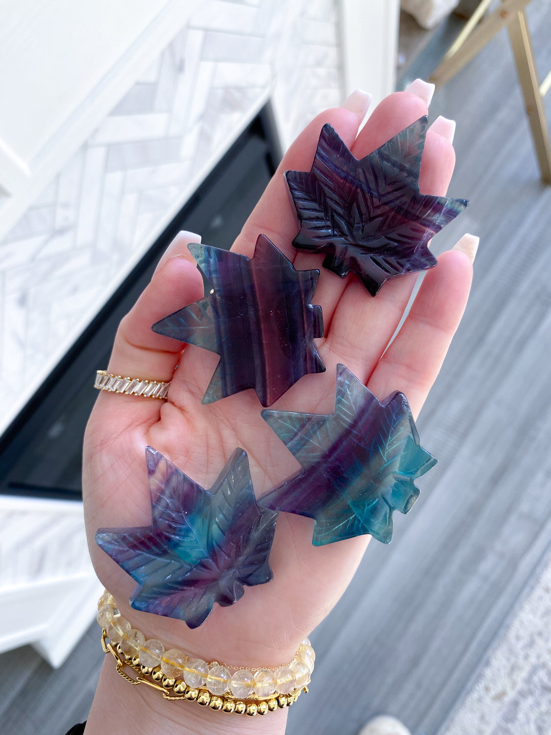 Rainbow Fluorite Cannabis Leaf Carving