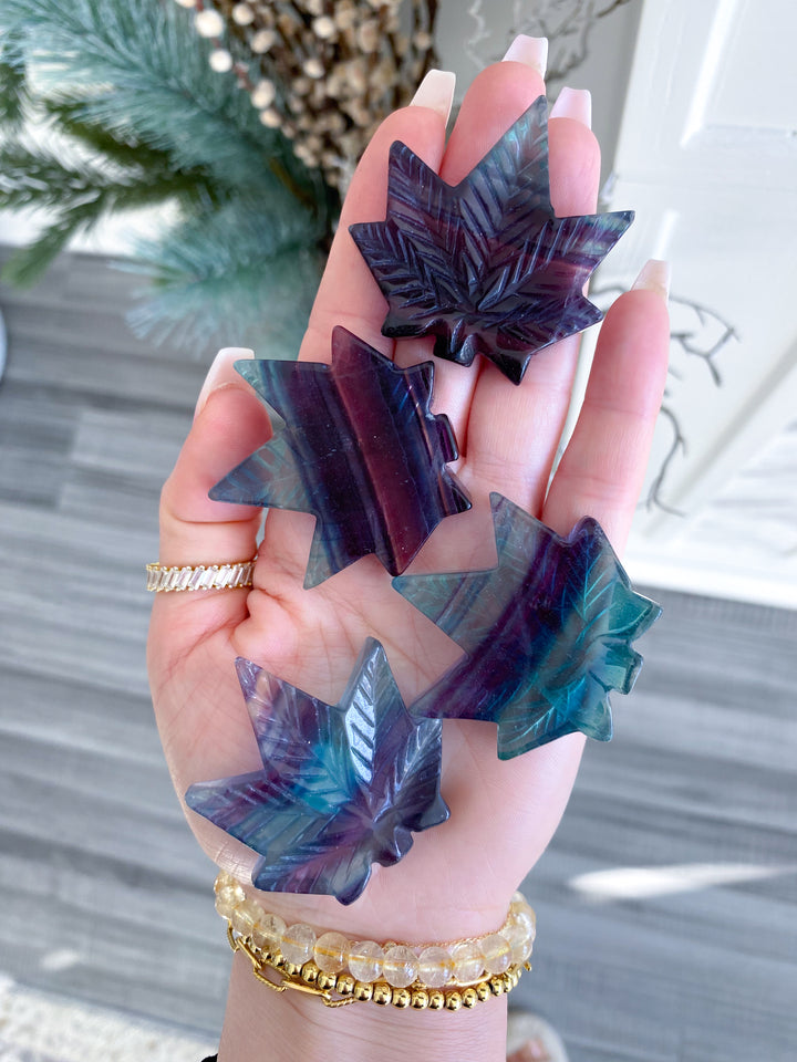 Rainbow Fluorite Cannabis Leaf Carving