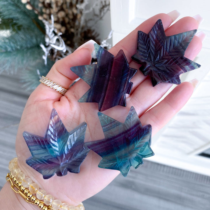 Rainbow Fluorite Cannabis Leaf Carving