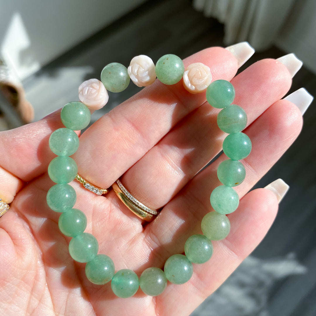 Green Aventurine Bracelet with Pink Opal Flowers