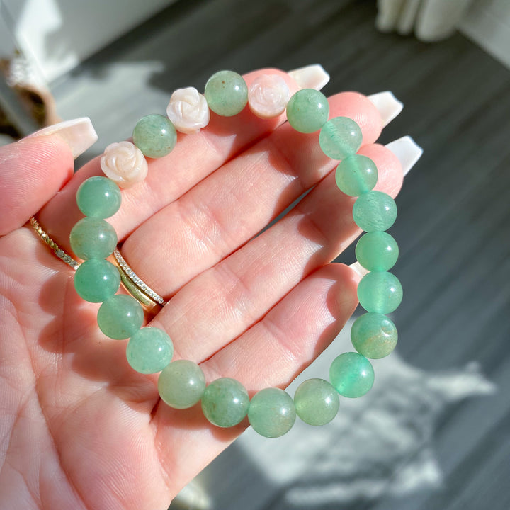 Green Aventurine Bracelet with Pink Opal Flowers