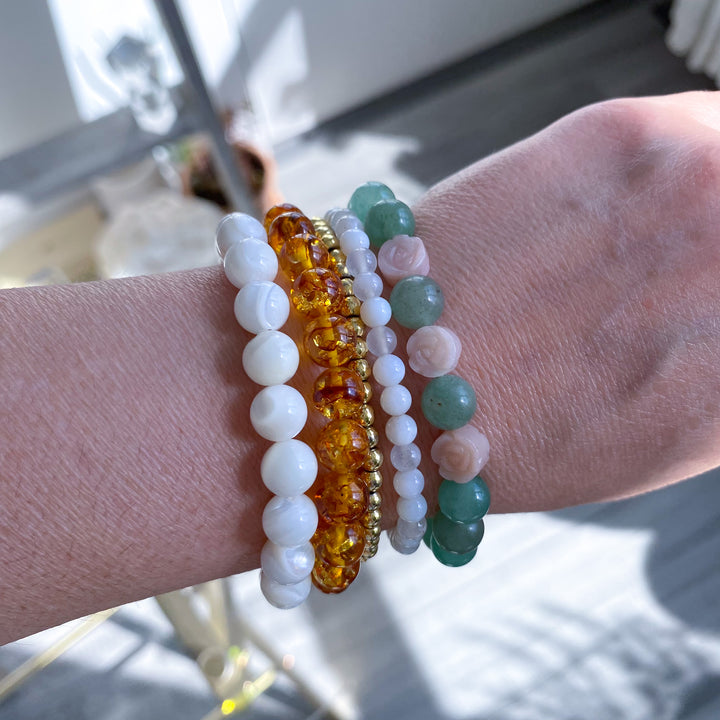 Green Aventurine Bracelet with Pink Opal Flowers