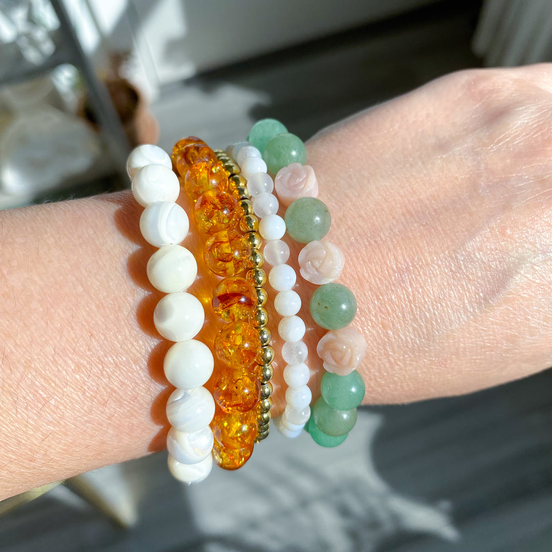 Green Aventurine Bracelet with Pink Opal Flowers