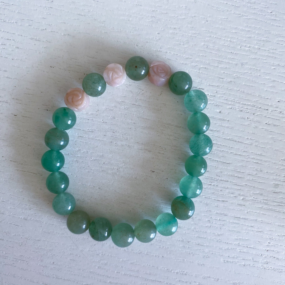 Green Aventurine Bracelet with Pink Opal Flowers
