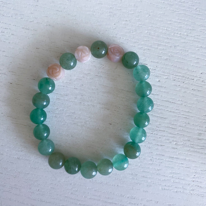 Green Aventurine Bracelet with Pink Opal Flowers