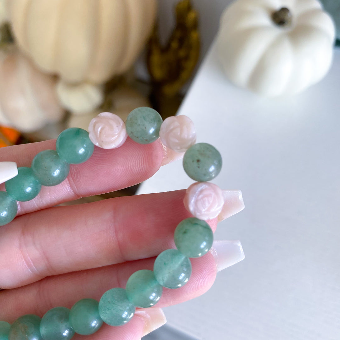 Green Aventurine Bracelet with Pink Opal Flowers