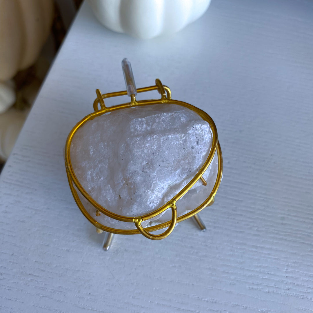 White Calcite Geode Jewelry Box on Gold Stand 