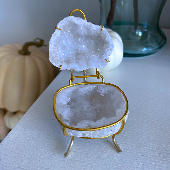 White Calcite Geode Jewelry Box on Gold Stand 