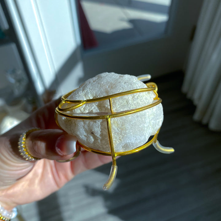 White Calcite Geode Jewelry Box on Gold Stand 