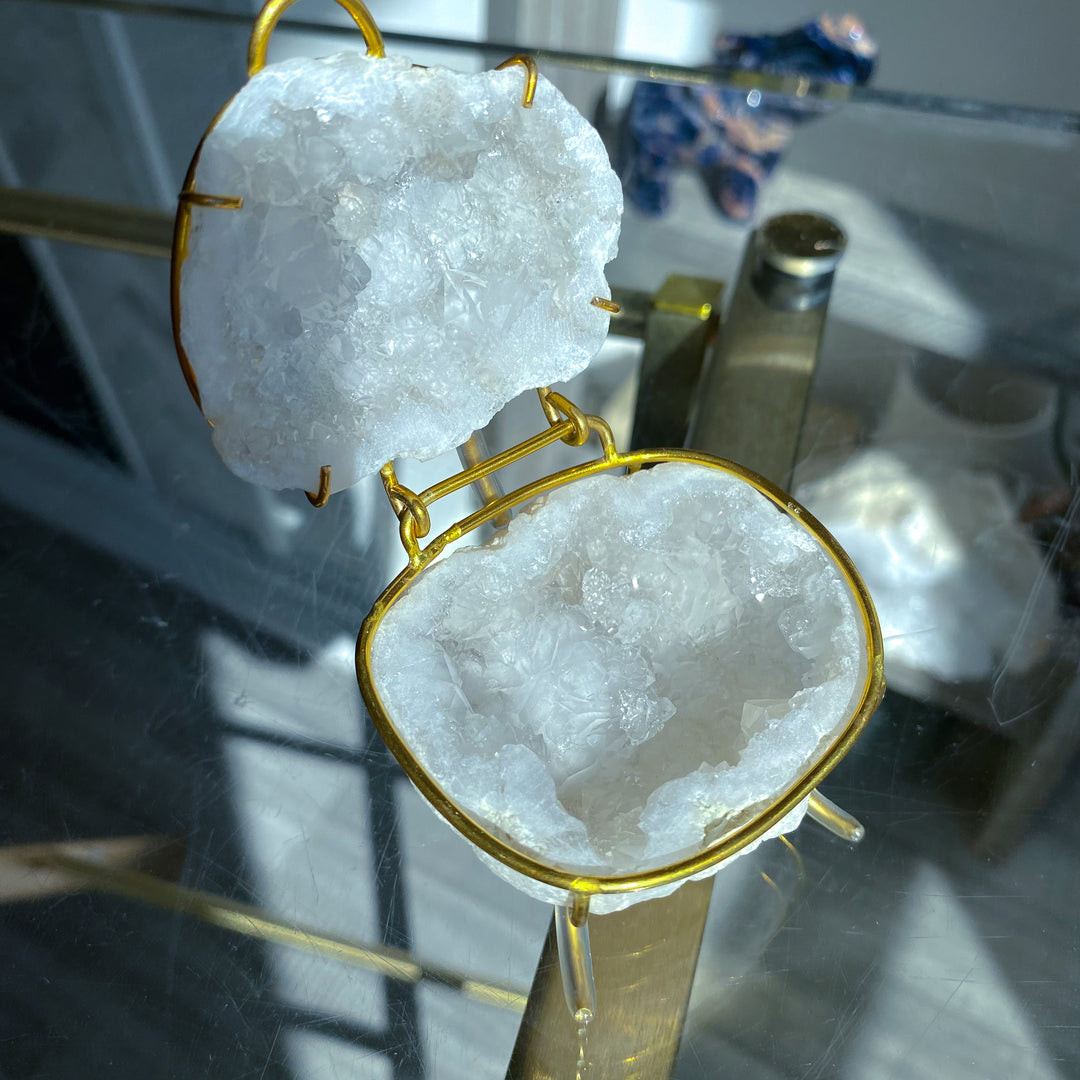 White Calcite Geode Jewelry Box on Gold Stand 