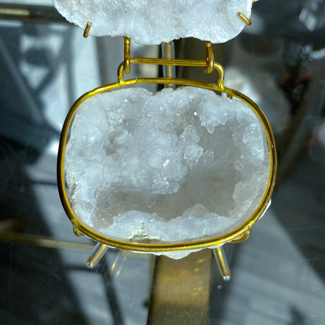 White Calcite Geode Jewelry Box on Gold Stand 