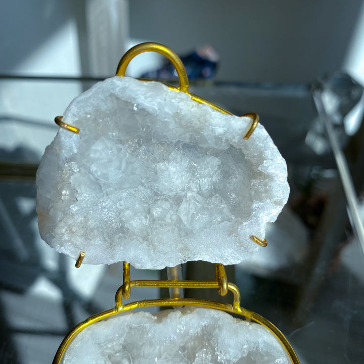 White Calcite Geode Jewelry Box on Gold Stand 