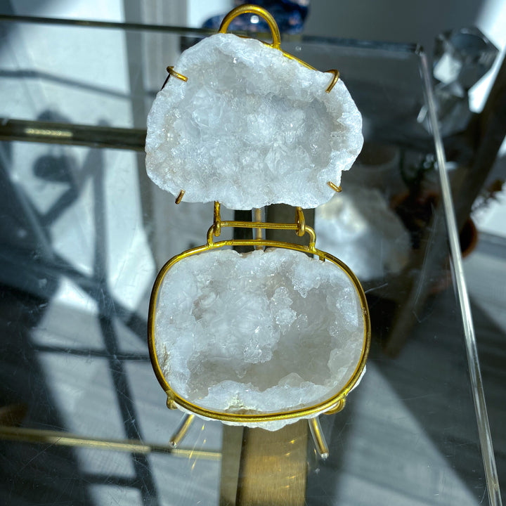 White Calcite Geode Jewelry Box on Gold Stand 