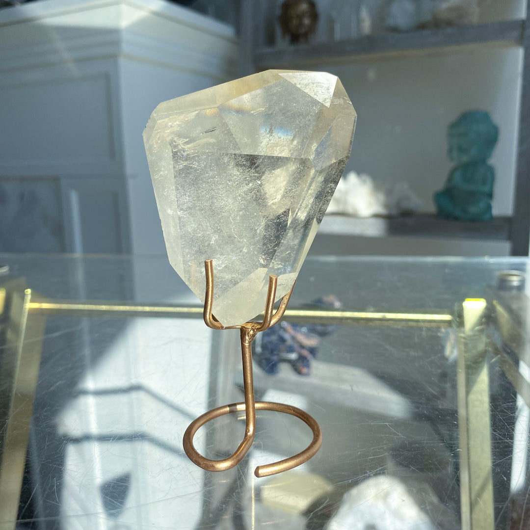 Faceted Natural Citrine on Stand with Rainbows 