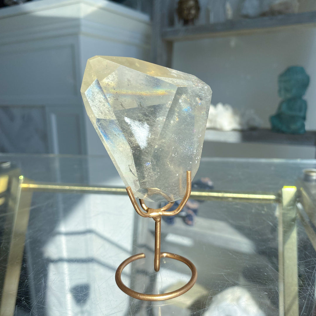 Faceted Natural Citrine on Stand with Rainbows 