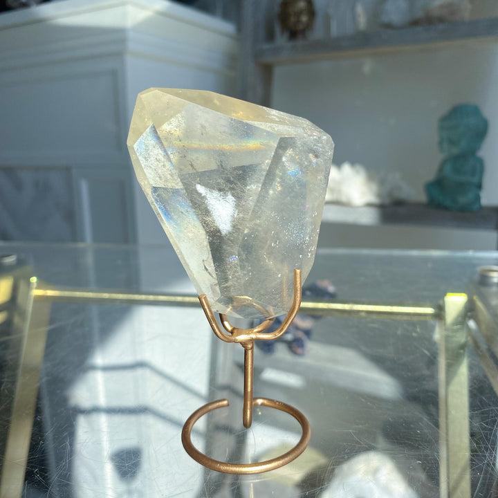 Faceted Natural Citrine on Stand with Rainbows 